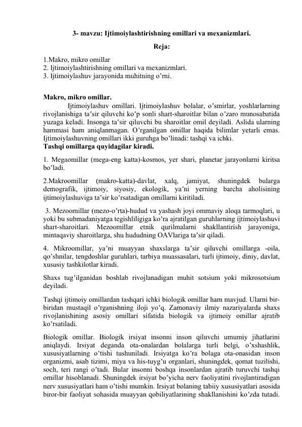 Ijtimoiylashuvning omillari va mexanizmlari haqida taqdimot
