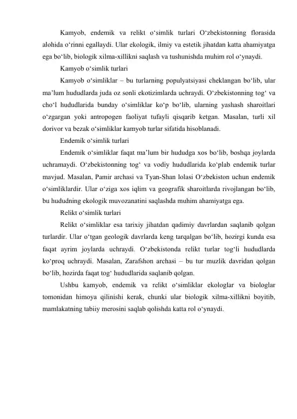 Kamyob, Endemik va Relikt O‘simlik Turlari