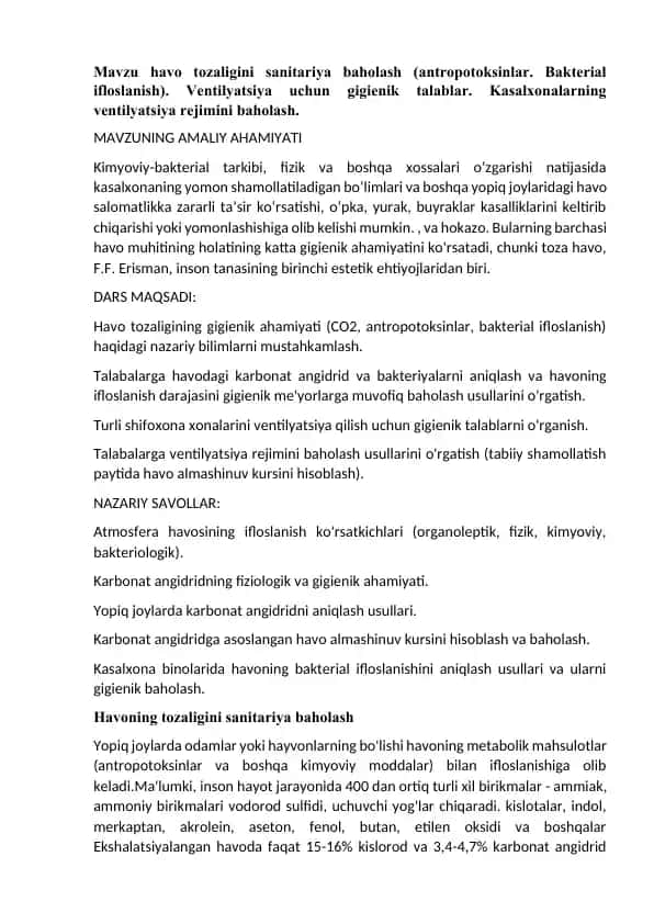 Havo tozaligini sanitariya baholash