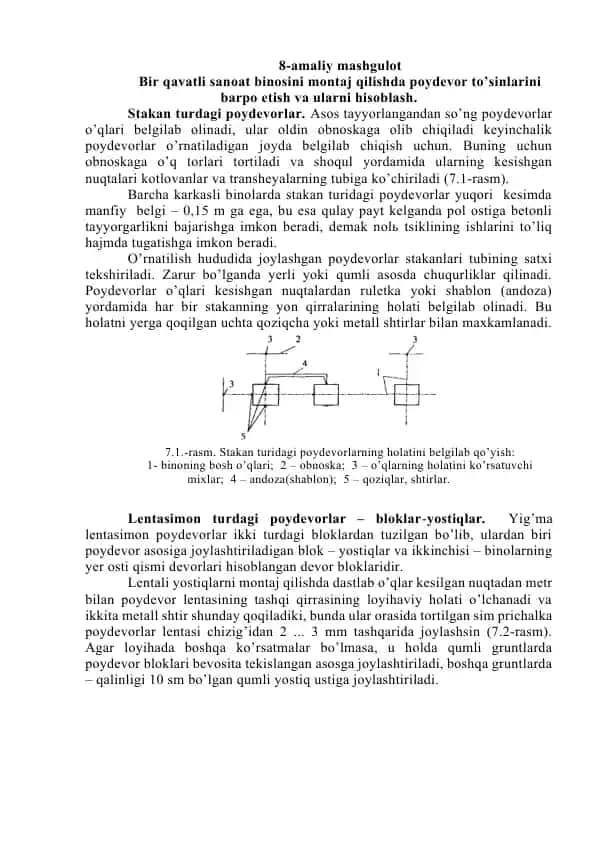 Bir qavatli sanoat binosini montaj qilishda poydevor to’sinlarini barpo etish va ularni hisoblash.
