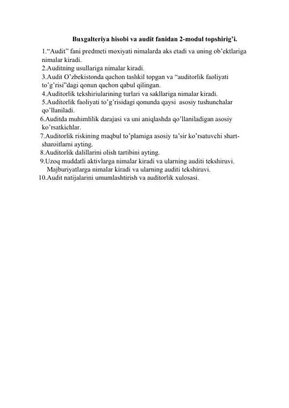 Buxgalteriya hisobi va audit fanidan 2-modul topshirig’i