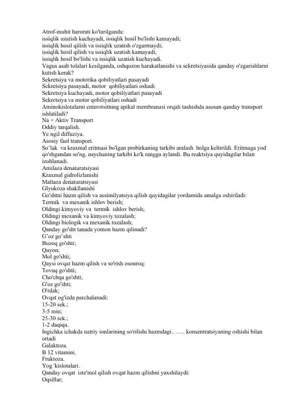 Biologiya mavzulari bo'yicha test savollari