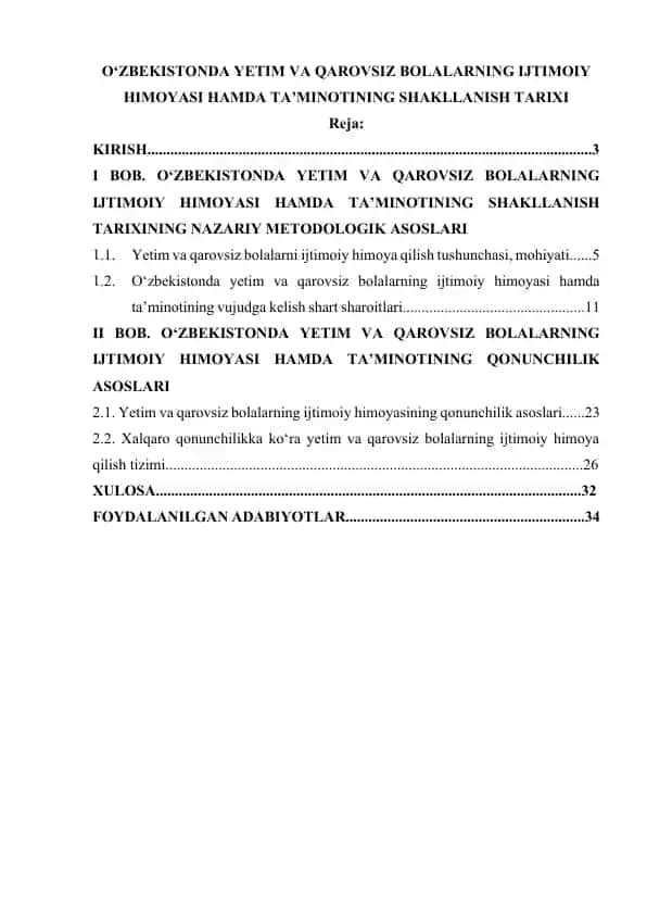 O‘zbekistonda yetim va qarovsiz bolalarning ijtimoiy himoyasi hamda ta’minotining shakllanish tarixi