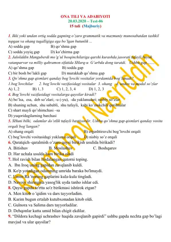 Ona tili va adabiyoti testlari to‘plami