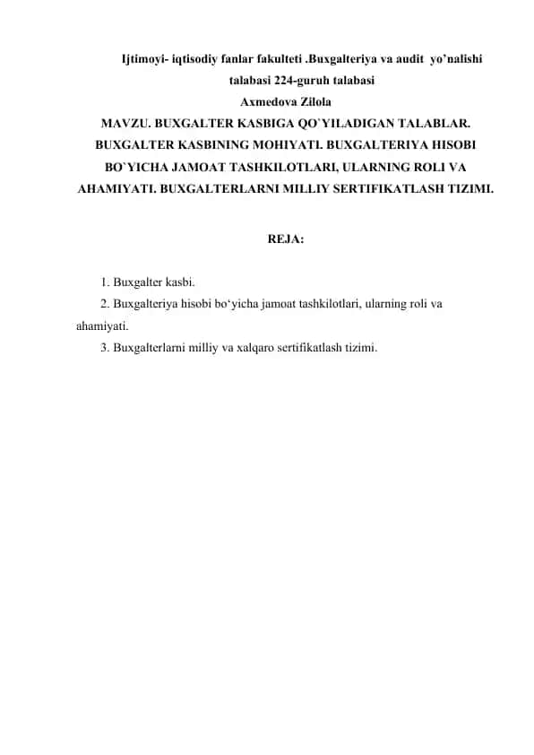 Buxgalteriya va audit yo’nalishi talabasi