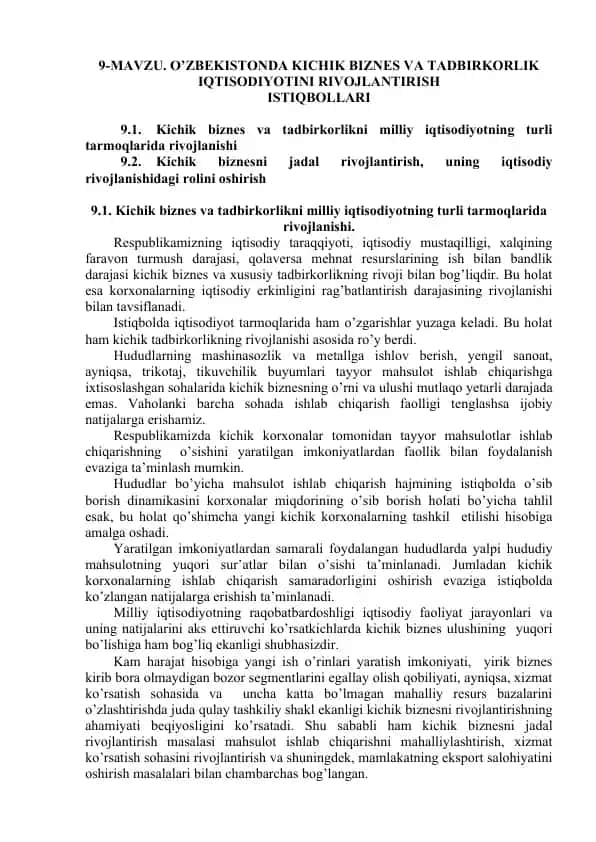 Kichik Biznes va Tadbirkorlikni Rivojlantirish Istiqbollari