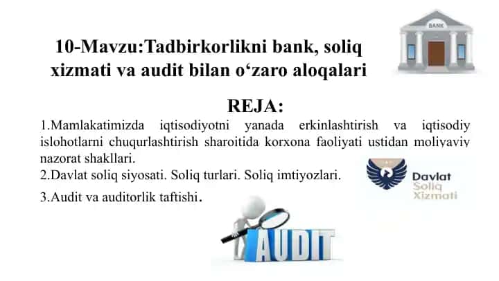 Tadbirkorlikni bank, soliq xizmati va audit bilan o‘zaro aloqalari