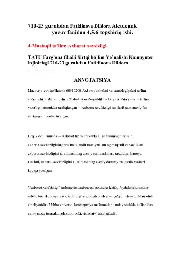 Axborot Tizimlari Xavfsizligi Asoslari