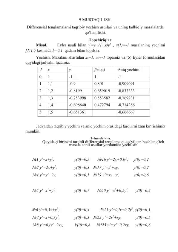 Differensial tenglamalarni taqribiy yechish usullari va uning tadbiqiy masalalarda qo’llanilishi
