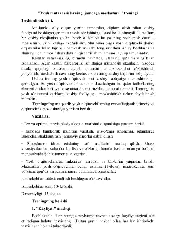 "Yosh mutaxassislarning jamoaga moslashuvi" treningi