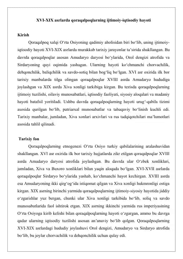 XVI-XIX asrlarda qoraqalpoqlarning ijtimoiy-iqtisodiy hayoti TEZIS