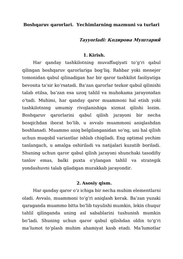 Boshqaruv qarorlari. Yechimlarning mazmuni va turlari