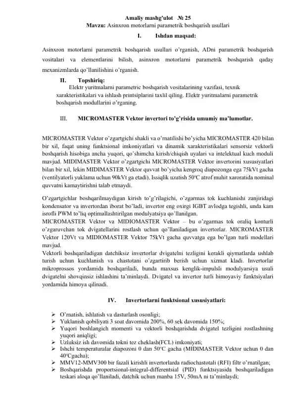 Asinxron motorlarni parametrik boshqarish usullari