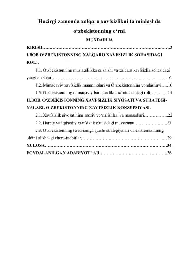 O'zbekistonning xalqaro xavfsizlik sohasidagi roli