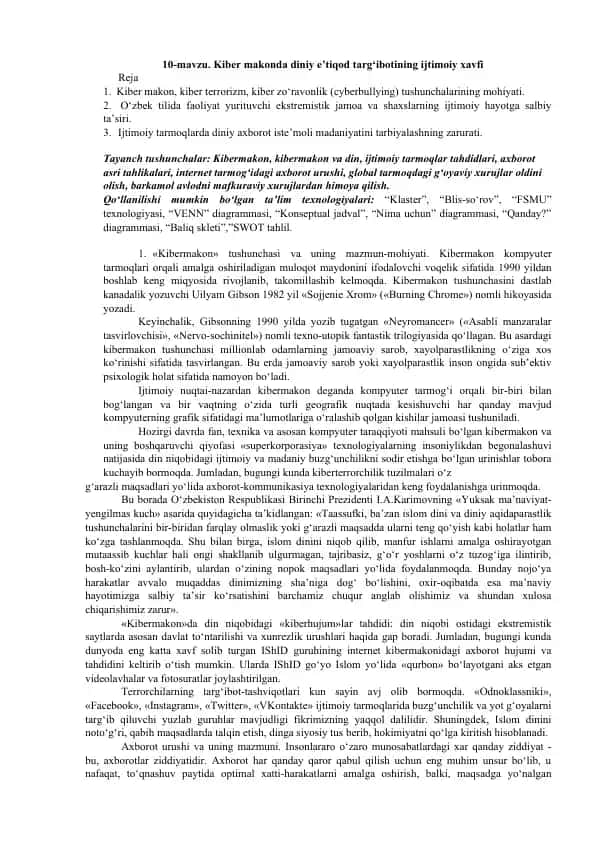 Kiber makonda diniy e’tiqod targ‘ibotining ijtimoiy xavfi