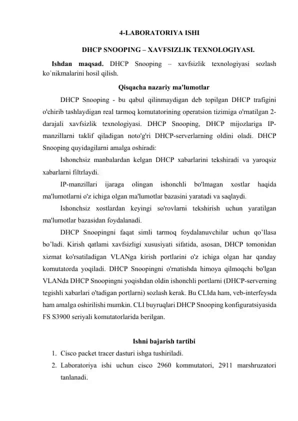 DHCP SNOOPING – XAVFSIZLIK TEXNOLOGIYASI