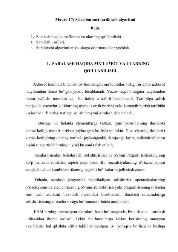 Selection sort tartiblash algoritmi