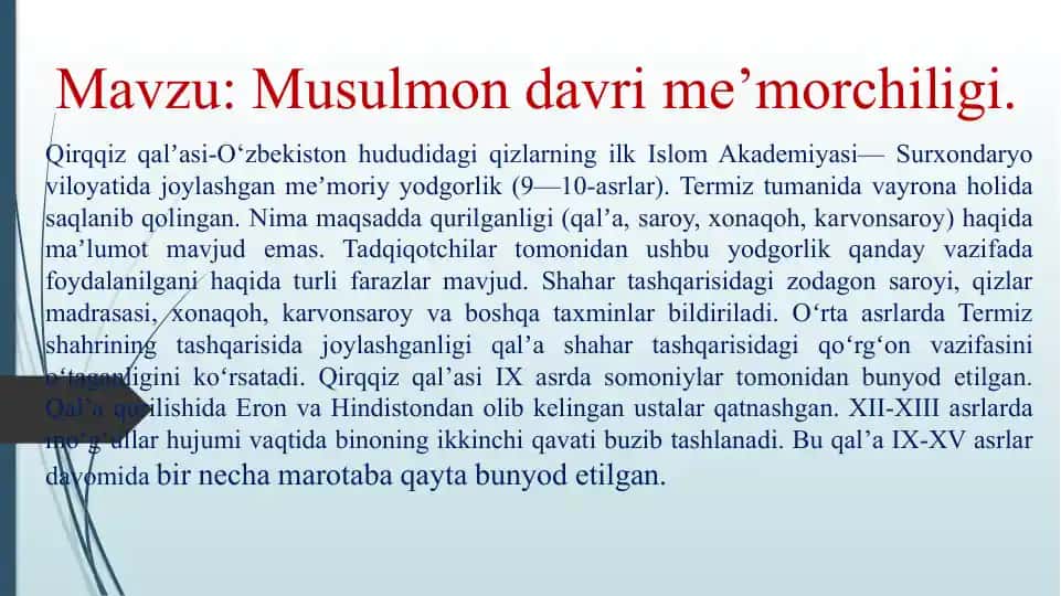 Qirqqizqalʼasi-OʻzbekistonhududidagiqizlarningilkIslomAkademiyasi