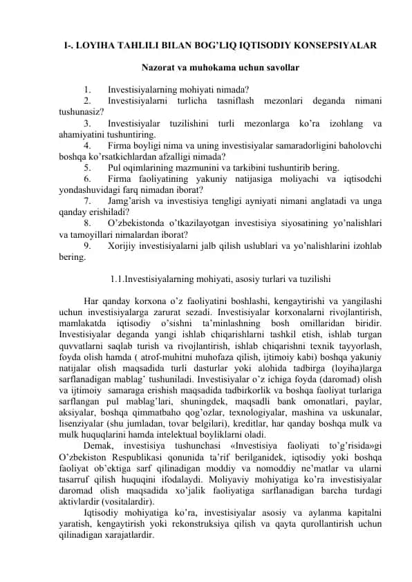 Invеstisiyalаrning mоhiyati, аsоsiy turlаri vа tuzilishi