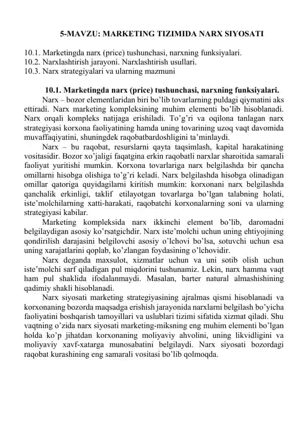 Marketing tizimida narx siyosati