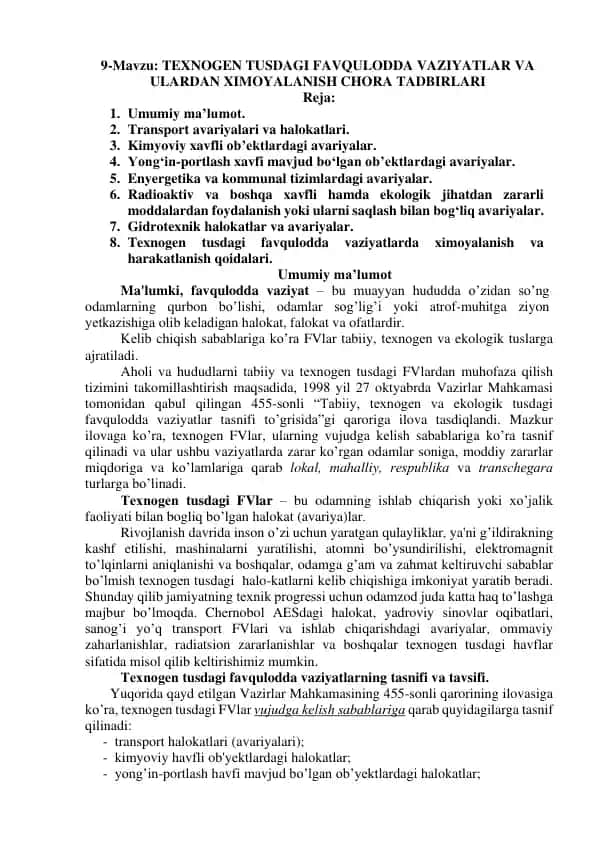 Texnogen tusdagi favqulodda vaziyatlar va ulardan ximoyalanish chora tadbirlari