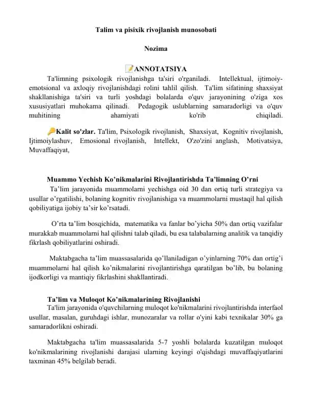 Talim va pisixik rivojlanish munosobati