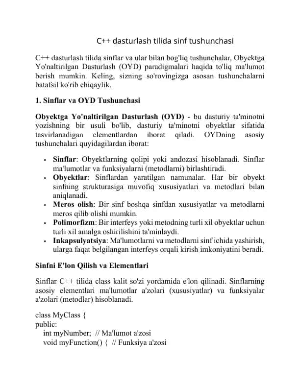 C++ dasturlash tilida sinf tushunchasi