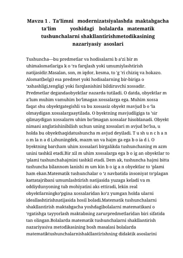 Matematik tushunchalarni shakllantirish metodikasi