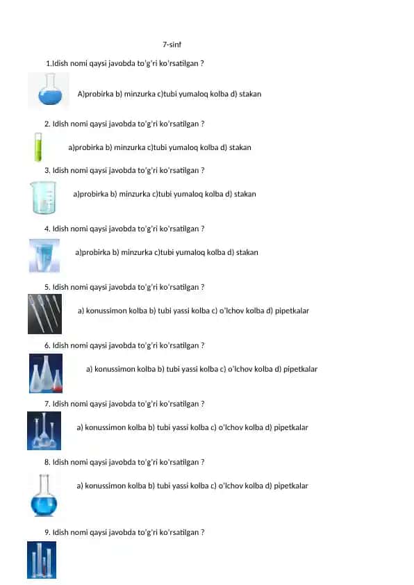 7-sinf kimyo idishlari nomlari savollari