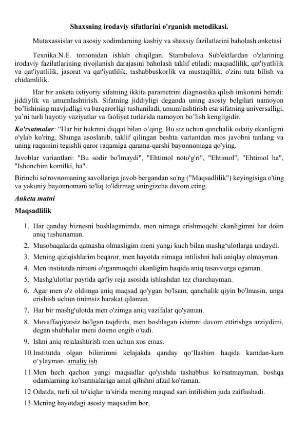 Shaxsning irodaviy sifatlarini o'rganish metodikasi