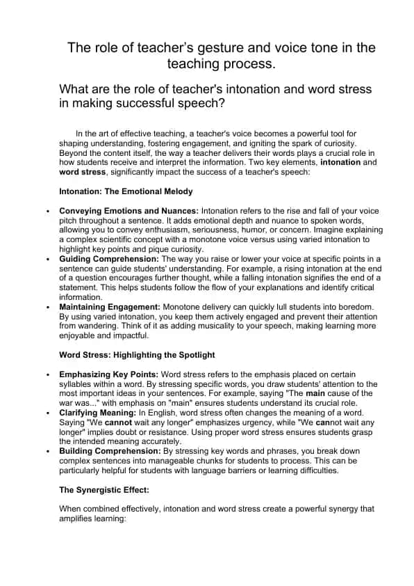 The Role of Teacher’s Gesture and Voice Tone in the Teaching Process