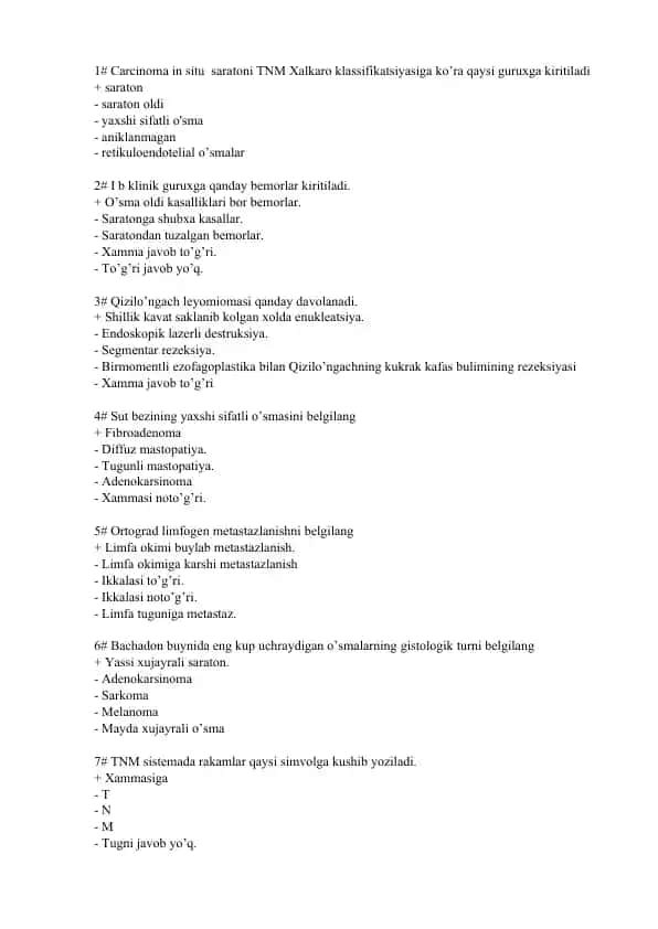 Xirurgik Onkologiya Test Savollari