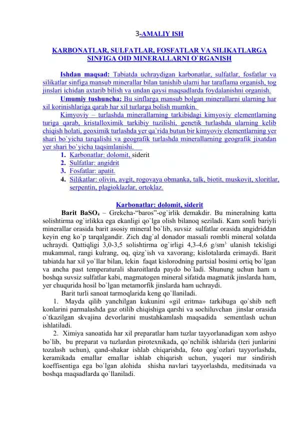 karbonatlar, sulfatlar, fosfatlar va silikatlarga oid minerallarni organish