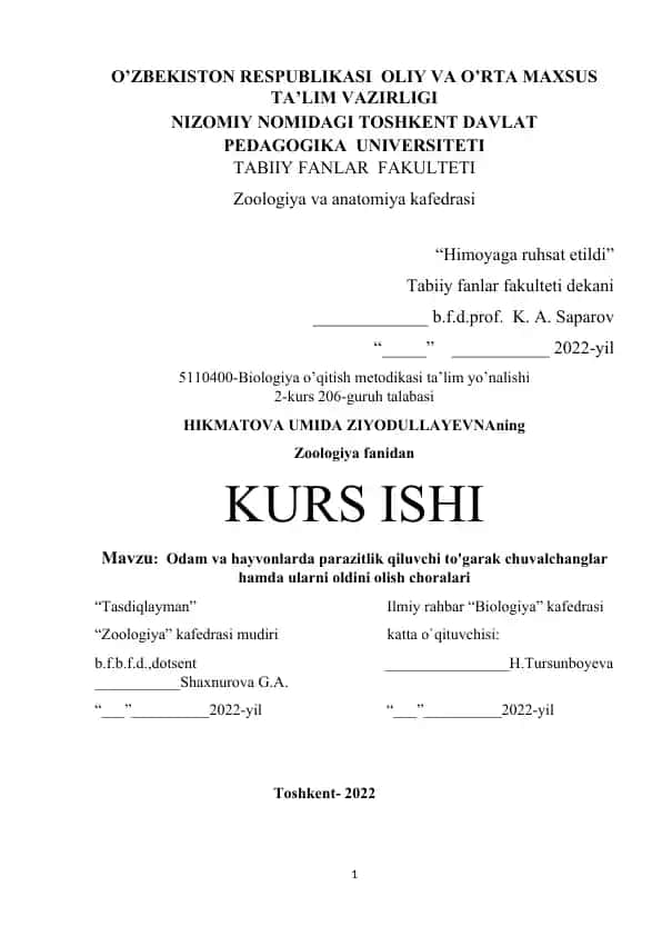 Odam va hayvonlarda parazitlik qiluvchi to'garak chuvalchanglar hamda ularni oldini olish choralari