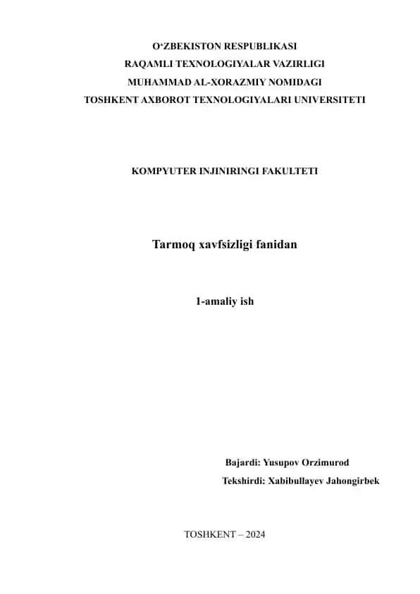Tarmoq xavfsizligi fanidan amaliy ish
