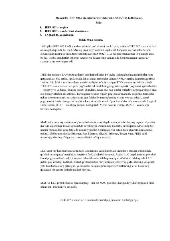IEEE 802.x standartlari strukturasi. CSMA/CD, kolliziyalar