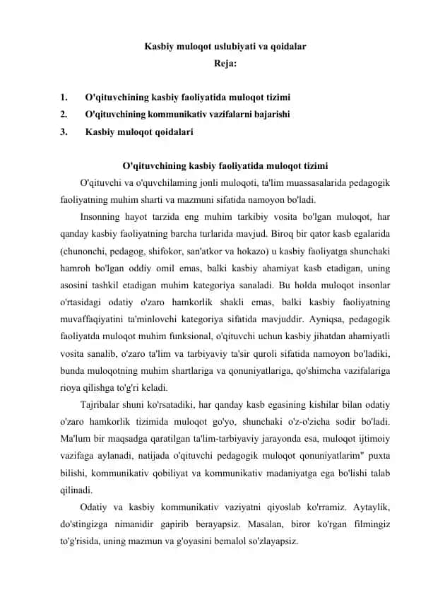 kasbiy muloqotdan 5 ta mazvuga 5 listan