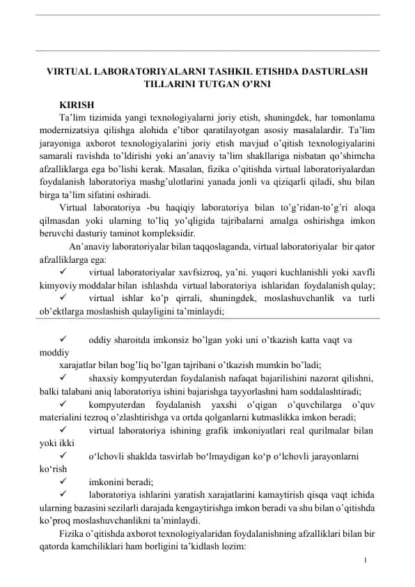 VIRTUAL LABORATORIYALARNI TASHKIL ETISHDA DASTURLASH TILLARINI TUTGAN O’RNI