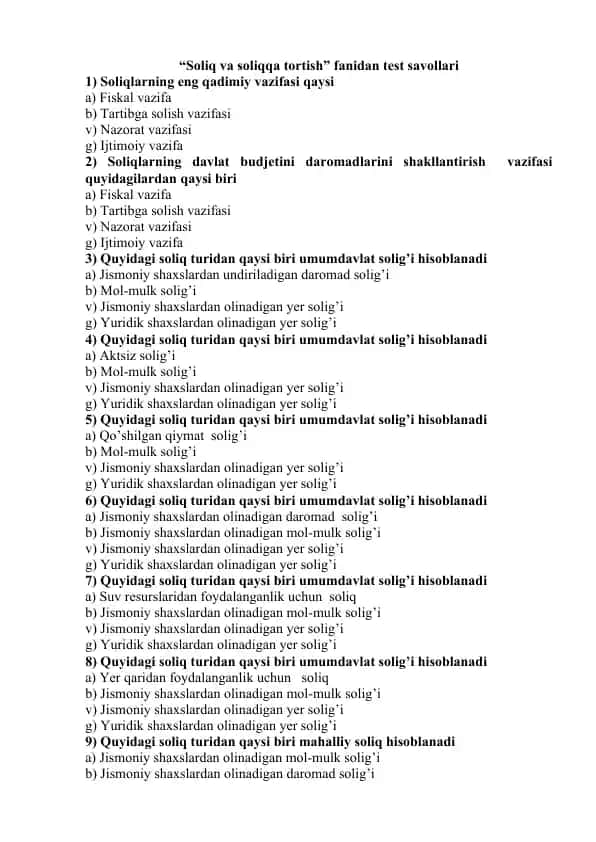 "Soliq va soliqqa tortish" fanidan test savollari