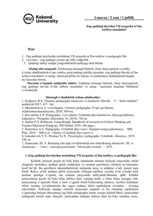 Eng qadimgi davrlardan melodning ta’lim-tarbiya va pedagogik fikri