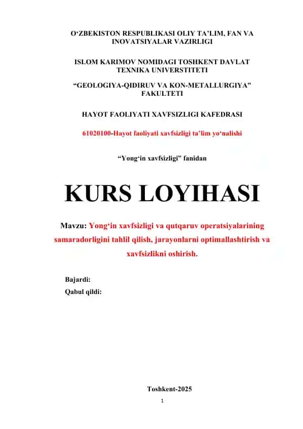 Yong‘in xavfsizligi va qutqaruv operatsiyalarining samaradorligini tahlil qilish kursi