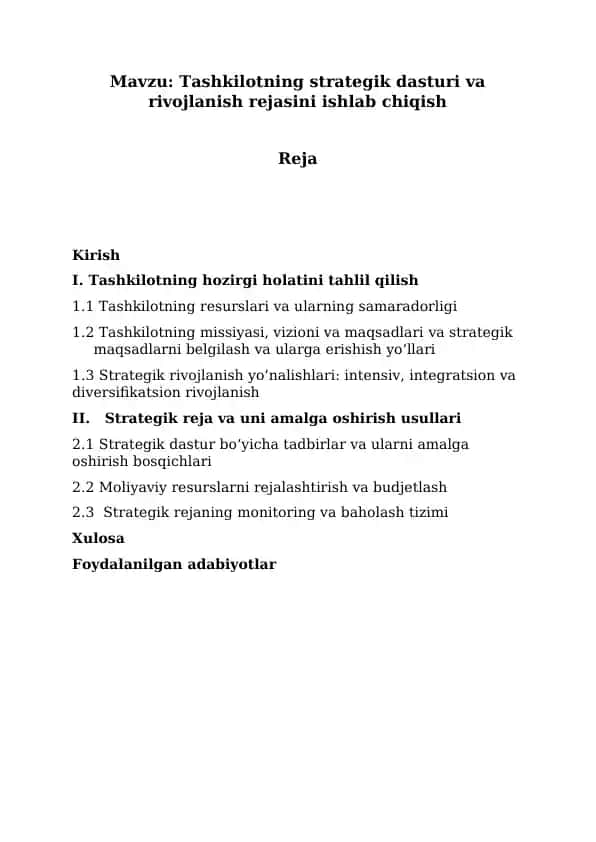 Tashkilotning strategik dasturi va rivojlanish rejasini ishlab chiqish