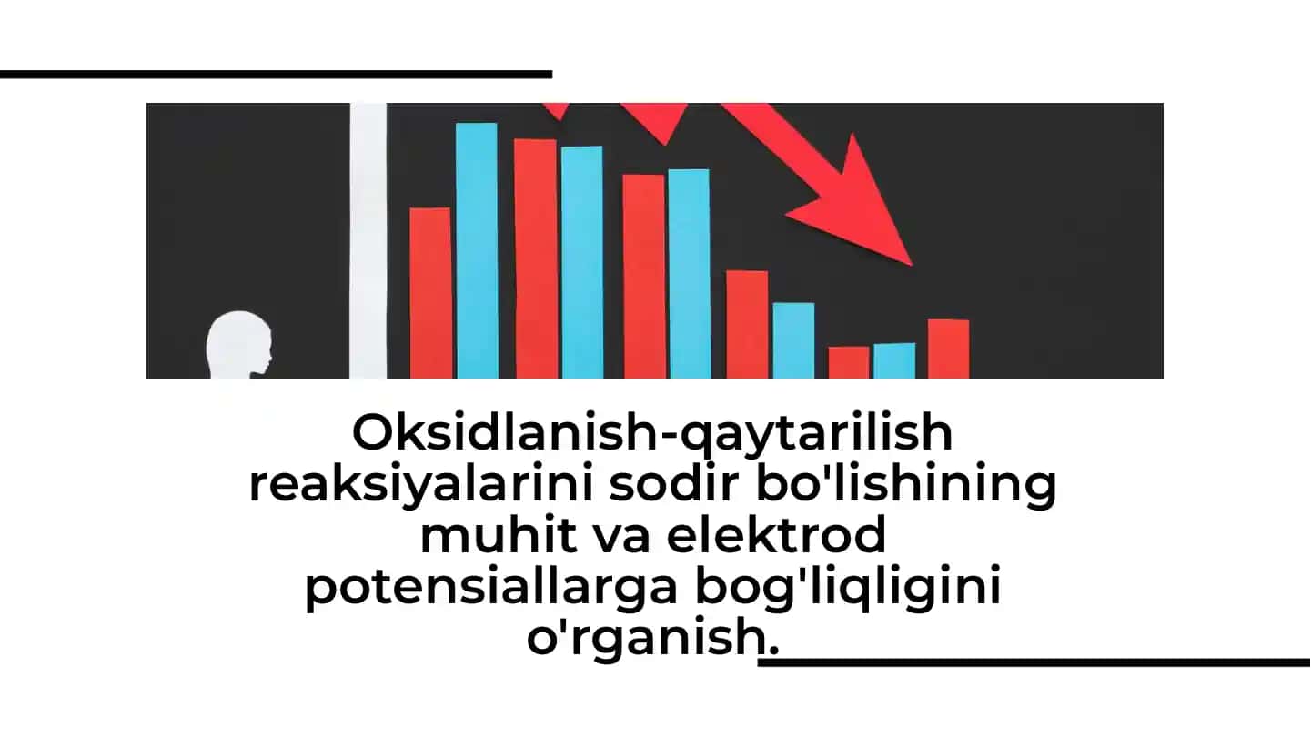 Oksidlanish-qaytarilish reaksiyalarini sodir bo'lishining muhit va elektrod potensiallarga bog'liqligini o'rganish.