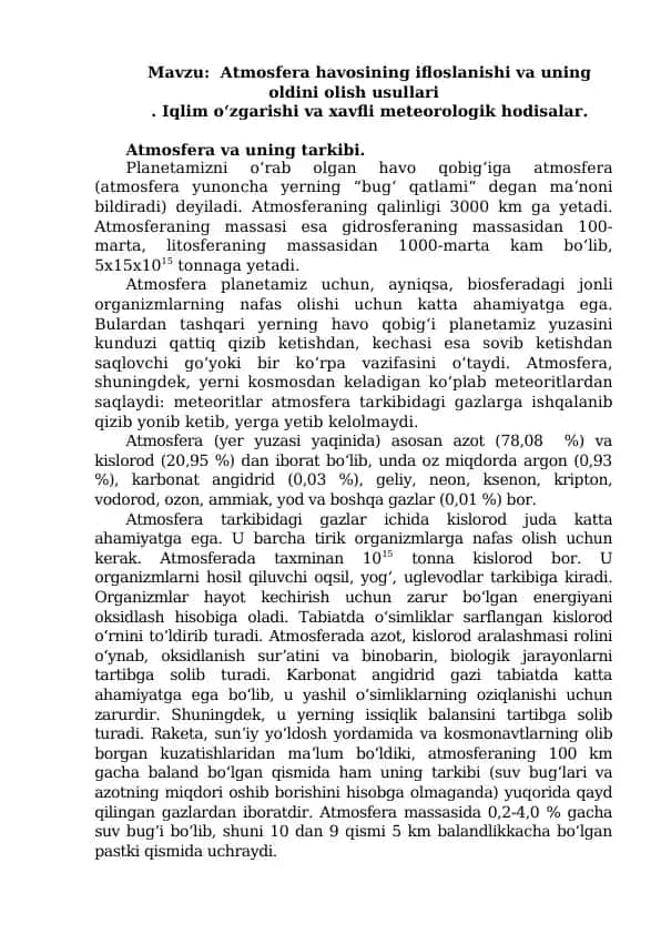Atmosfera havosining ifloslanishi va uning oldini olish usullari