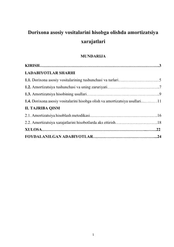 Dorixona asosiy vositalarini hisobga olishda amortizatsiya xarajatlari