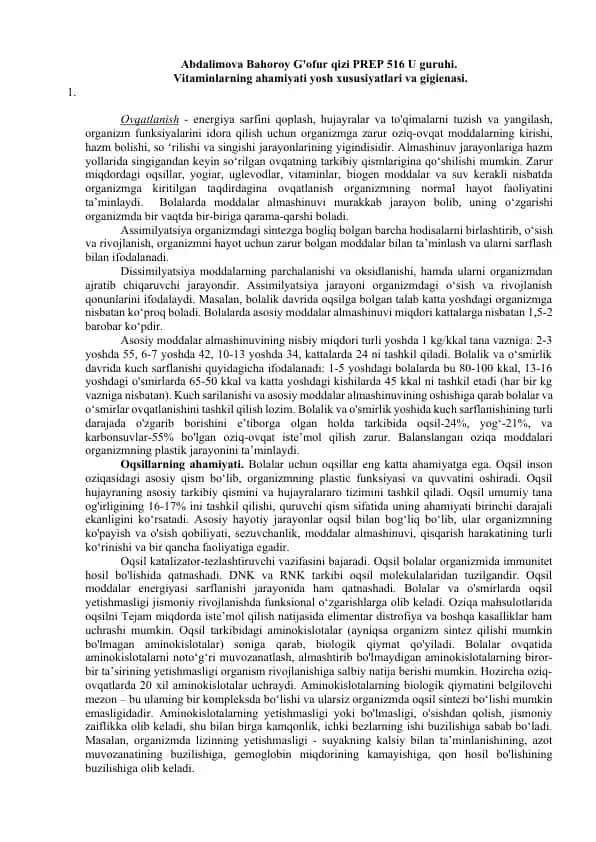Ovqatlanish - energiya sarfini qoplash, hujayralar va to'qimalarni tuzish va yangilash, organizm funksiyalarini idora qilish uchun organizmga zarur oziq-ovqat moddalarning kirishi, hazm bolishi, so ‘rilishi va singishi jarayonlarining yigindisidir.