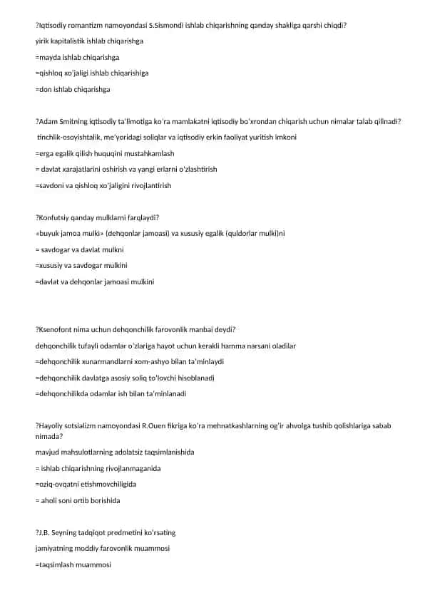 Iqtisodiy nazariyalar va muammolar bo‘yicha test savollari to‘plami