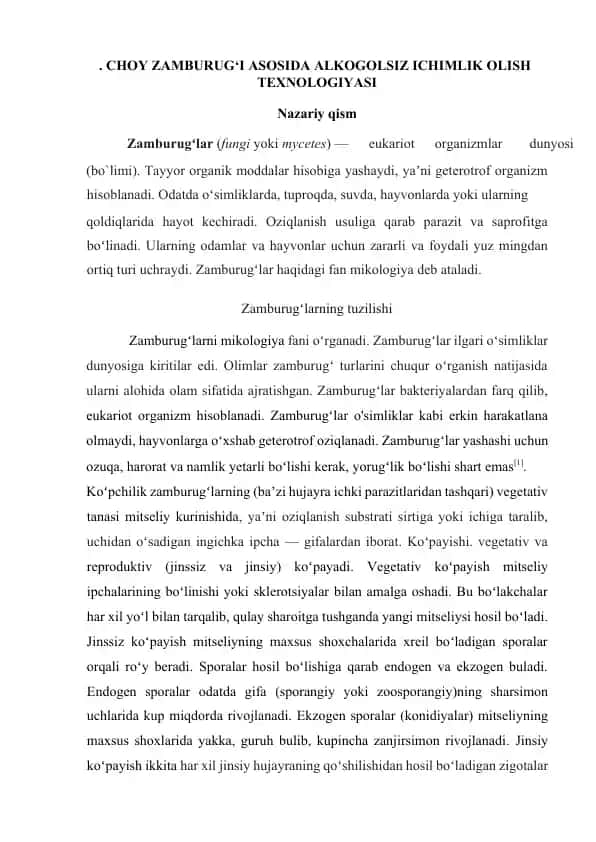 Zamburug‘i asosida alkogolsiz ichimlik olish texnologiyasi