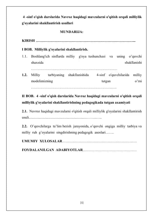 4-sinf o'qish darslarida Navroz haqidagi mavzularni o'qitish orqali milliylik g'oyalarini shakllantirishning pedagogikada tutgan axamiyati