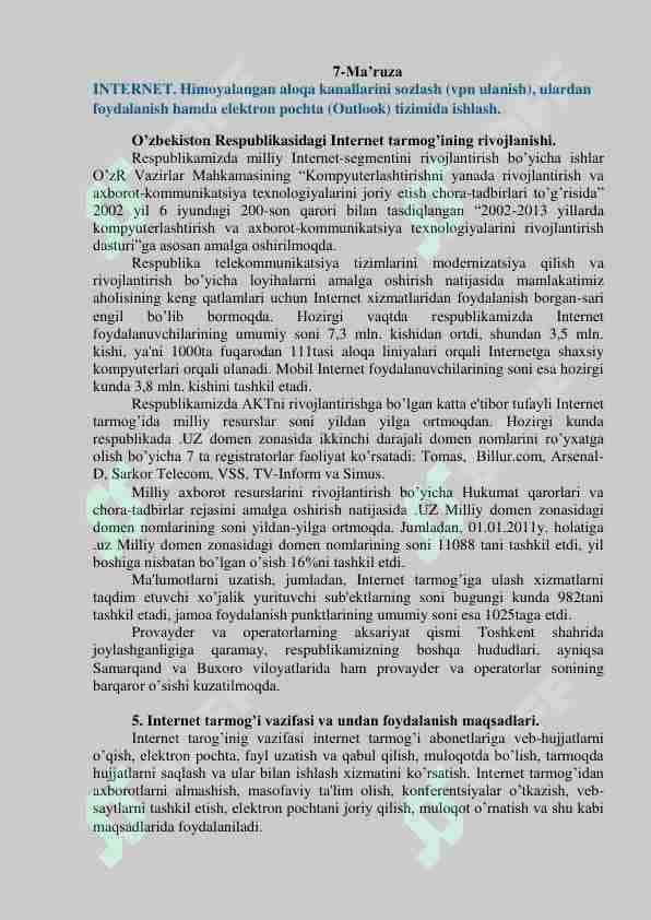 Internit. Himoyalangan aloqa kanallarini sozlash, elektron pochta tzizimida ishlash